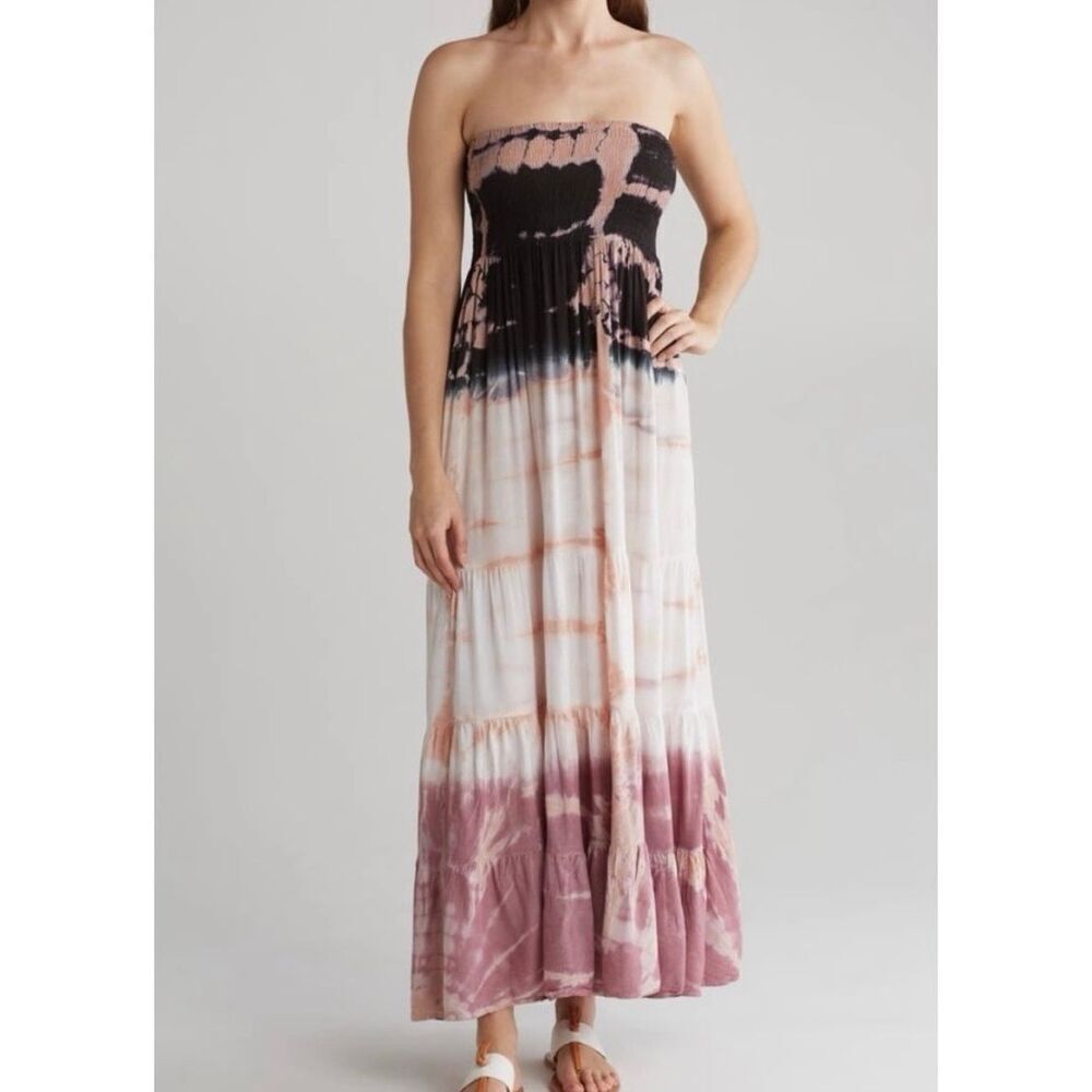 NWT Nordstrom Boho Me XL Ombré Tiered Pink, Black Tie Dye Strapless Maxi Dress